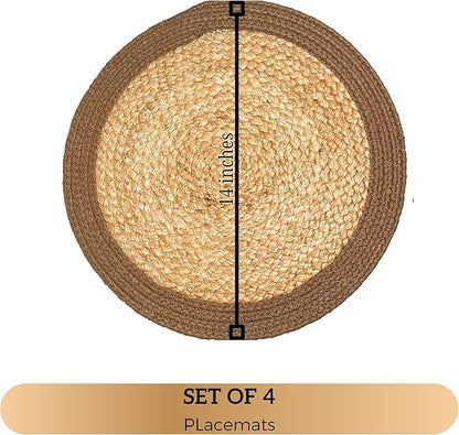 Chardin home Round Verona Woven Jute & Cotton Braided PLACEMAT (Set of 4), Size -14 inch, Round, Color - Natural Jute with Brown Border