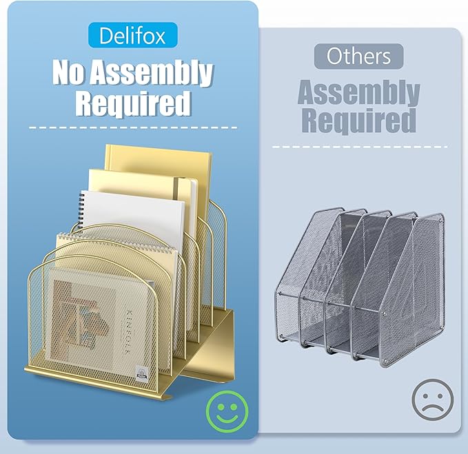 Inclined Desk File Organizer, 5-Section Vertical File Folder Holder Stand Metal Rack File Sorter for Office Classroom Desktop Organization (Gold, 1Pack)