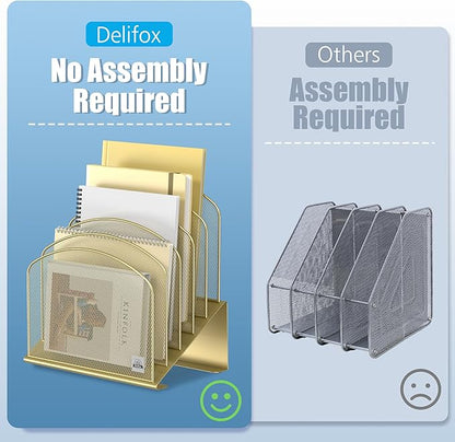 Inclined Desk File Organizer, 5-Section Vertical File Folder Holder Stand Metal Rack File Sorter for Office Classroom Desktop Organization (Gold, 1Pack)