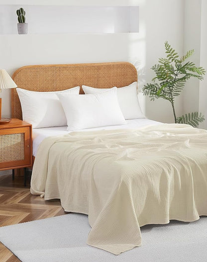 100% Cotton Muslin King Blanket (108" x 90") – A Luxuriously Soft, 4-Layer Lightweight and Breathable Gauze Blanket, Perfect for Year-Round use on beds, couches (Ivory, King)