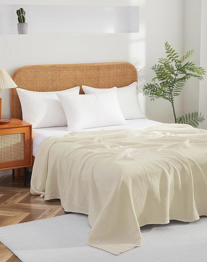 100% Cotton Muslin Queen Blanket (90" x 90") – A Luxuriously Soft, 4-Layer Lightweight and Breathable Gauze Blanket, Perfect for Year-Round use on beds, couches (Ivory, Queen)