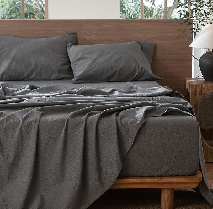 MooMee Bedding Sheet Set 100% Washed Cotton Linen Like Textured Breathable Durable Soft Comfy (Heathered Dark Grey, Full)