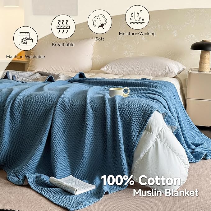 Simple&Opulence 100% Cotton Muslin Blanket, Lightweight Breathable 4 Layering Soft Cotton Throw Blanket,Gauze Blanket for Bed Couch Camping All-Season Use (Dusty Blue, 50"x60")