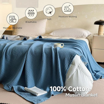 Simple&Opulence 100% Cotton Muslin Blanket, Lightweight Breathable 4 Layering Soft Cotton Throw Blanket,Gauze Blanket for Bed Couch Camping All-Season Use (Dusty Blue, 50"x60")