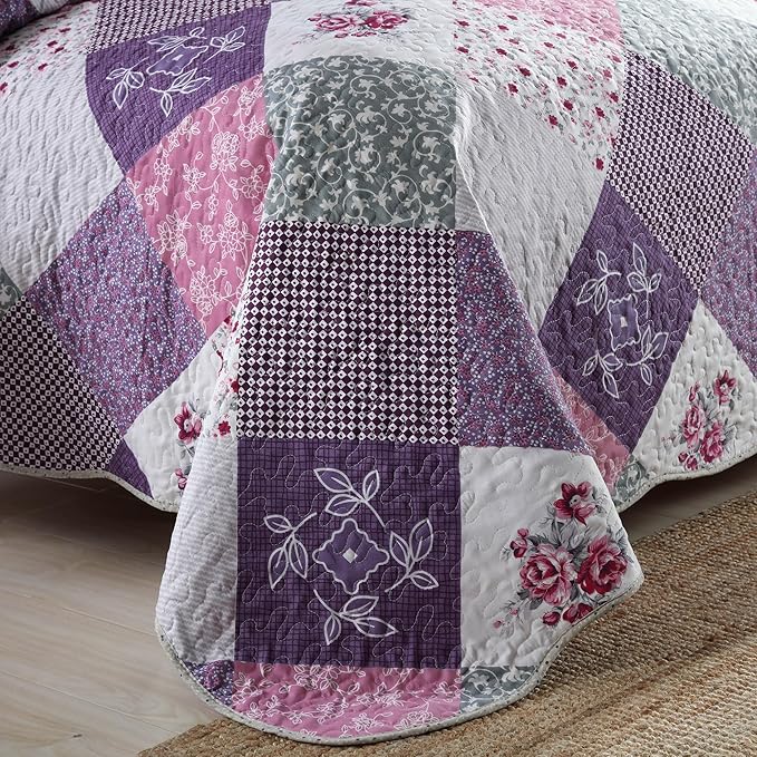 HoneiLife Quilt Set King Size - 3 Piece Microfiber Quilts Reversible Bedspreads Patchwork Coverlets Floral Bedding Set All Season Quilts-Little Rose,Purple