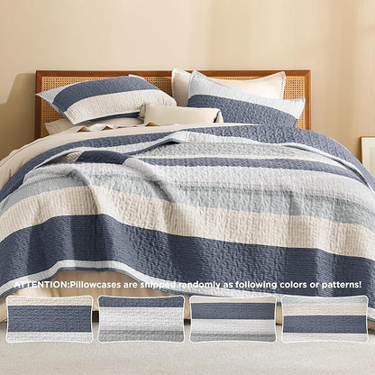 Litanika Quilt Queen Size Blue and Yellow, Stripe Patchwork Summer Bedspread Coverlet 3 Pieces, Soft Lightweight Microfiber Quilted Bedding Set for All Season(1 Quilt, 2 Pillowcases)