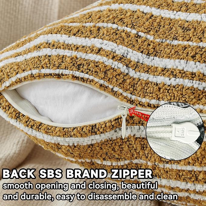 AmHoo Pack of 2 Textured Boucle Throw Pillow Covers Accent Striped Cozy Soft Decorative Couch Cushion Case for Chair Sofa Bedroom Living Room Home Decor 20 x 20-Inch Nugget Gold