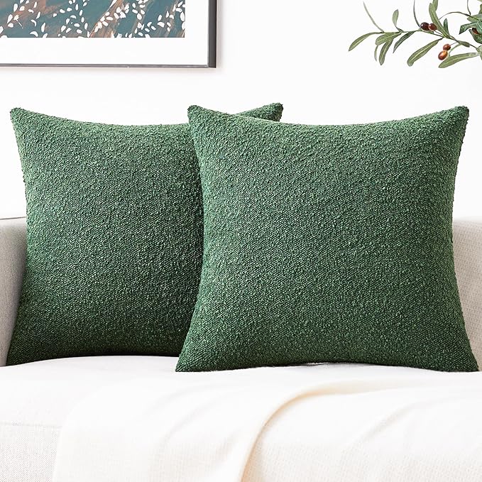 Mixhug Decorative Boucle Throw Pillow Covers, Forest Green, 20 x 20 Inches, Pack of 2 - Textured Boho Pillow Covers for Couch and Bed