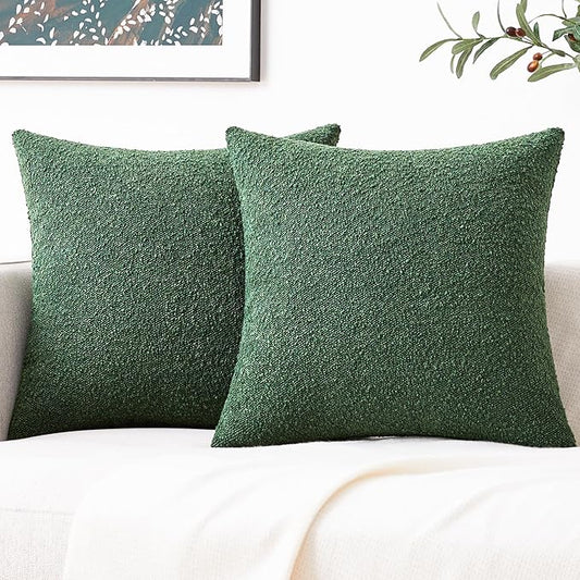 Mixhug Decorative Boucle Throw Pillow Covers, Forest Green, 20 x 20 Inches, Pack of 2 - Textured Boho Pillow Covers for Couch and Bed