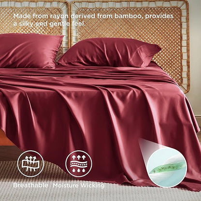 Bedsure King Size Sheets Set, Cooling Sheets for Hot Sleepers, Rayon Derived from Bamboo, Breathable & Soft, Deep Pocket Up to 16 Inches, Hotel Luxury Silky Bedding, Burgundy