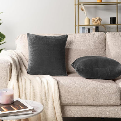 PAVILIA Dark Gray Throw Pillow Covers 18x18 Set of 2, Decorative Pillow Cases for Bed Sofa Couch, Boho Aesthetic Accent Decor Cushion for Bedroom Living Room, Velvet Square Euro Sham Covers, Dark Grey