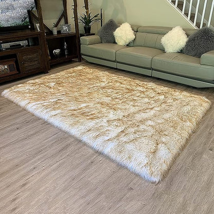 LAMBZY High Pile Super Soft Faux Sheepskin Rug (4'x6', White/Brown Tips)