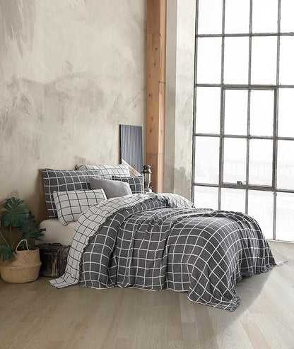 Bohemian 4 Layers Gauze Lightweight Throws,Cotton Muslin Throw Blanket,Breathable Coverlet, 4 Layer Bed Cover (Gray Windowpane, Oversized 100 x 110 inches)