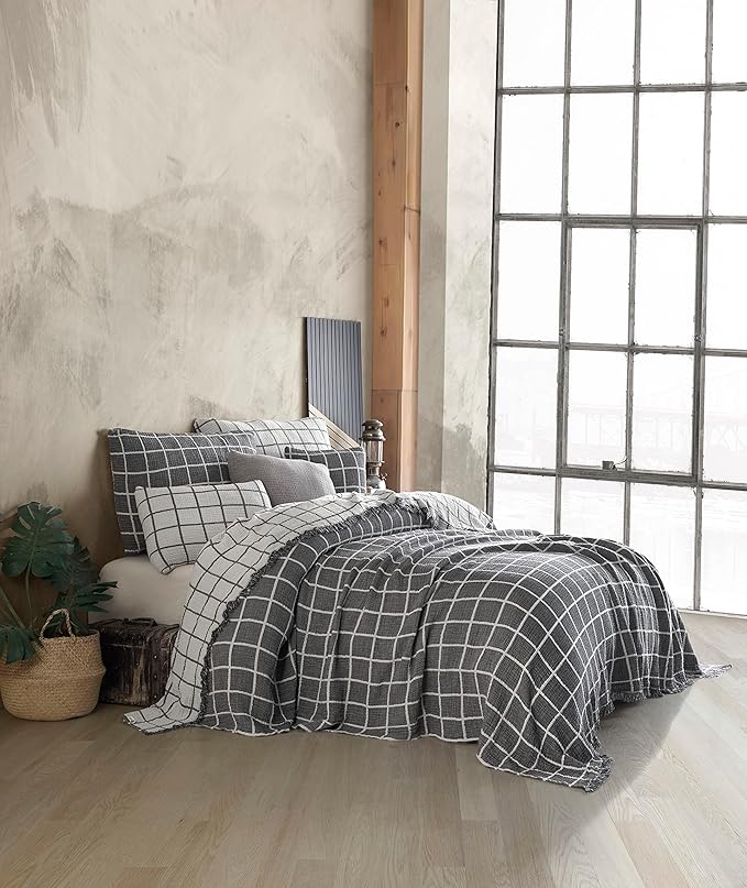 Bohemian 4 Layers Gauze Lightweight Throws,Cotton Muslin Throw Blanket,Breathable Coverlet, 4 Layer Bed Cover (Gray Windowpane, Oversized 100 x120 inches)