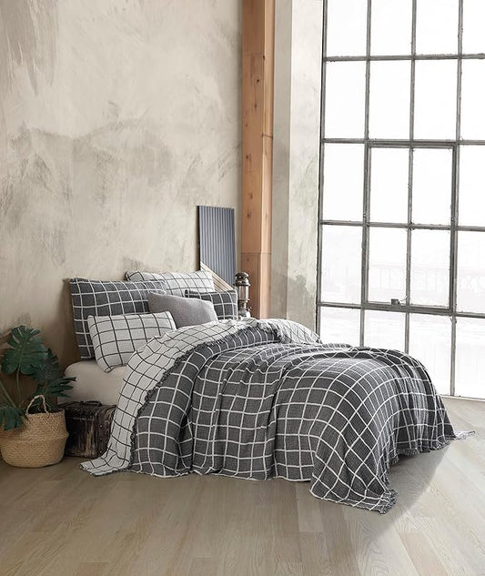 Bohemian 4 Layers Gauze Lightweight Throws,Cotton Muslin Throw Blanket,Breathable Coverlet, 4 Layer Bed Cover (Gray Windowpane, Oversized 100 x120 inches)