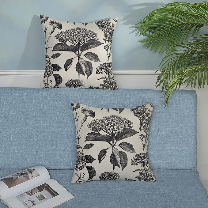 Black Pillow Covers 20x20 Set of 2 Vintage Boho Floral Hydrangea Herbs Botanical Throw Pillow Cover Outdoor Flower Decoration Pillowcase Linen Farmhouse Cushion Case Decorative for Couch Sofa