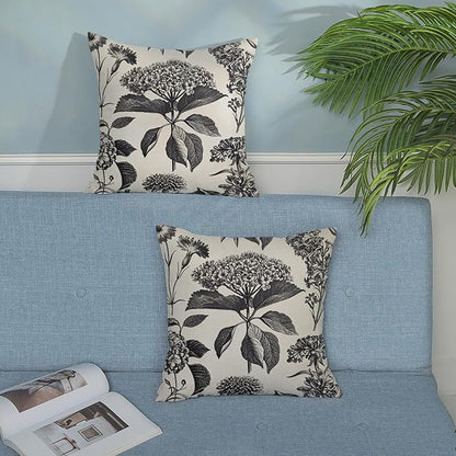 Black Pillow Covers 20x20 Set of 2 Vintage Boho Floral Hydrangea Herbs Botanical Throw Pillow Cover Outdoor Flower Decoration Pillowcase Linen Farmhouse Cushion Case Decorative for Couch Sofa