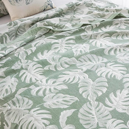 100% Cotton Muslin Jacquard 3 Piece Quilt Set Tropical Monstera Leaf Print, Soft 3 Layers Gauze Bed Cover Reversible Bedspread Coverlet Breathable Lightweight Bedding Set, King