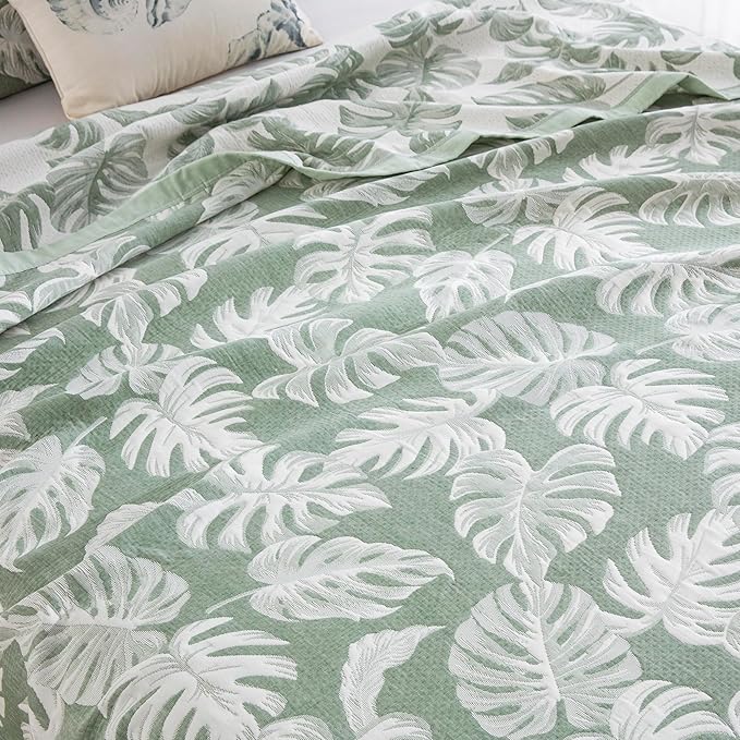 100% Cotton Muslin Jacquard 2 Piece Quilt Set Tropical Monstera Leaf Print, Soft 3 Layers Gauze Bed Cover Reversible Bedspread Coverlet Breathable Lightweight Bedding Set, Twin