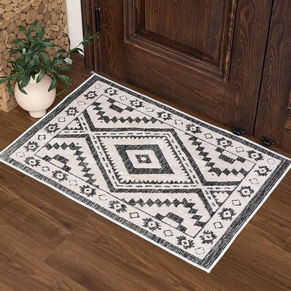 Moroccan Washable Entryway Rug 2x3, Geometric Decorative Woven Area Rug, Non-Slip Boho Accent Soft Low-Pile Indoor Door Mat, Small Throw Rug for Bedroom Front Porch, Black and White