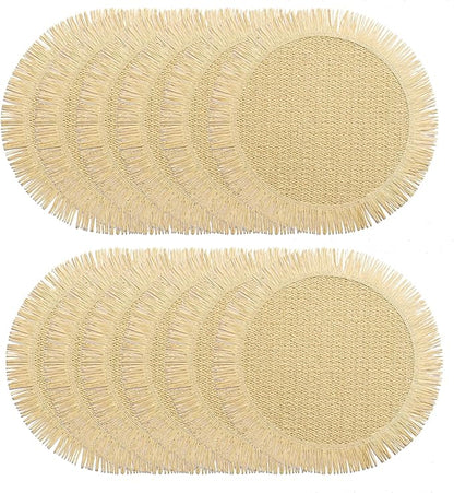 FunWheat Paper Round Placemats Set of 12 for Dining Tables 15 Inch Heat Resistant Table Mats Handmade Natural Place mats for Farmhouse Decoration(Beige)