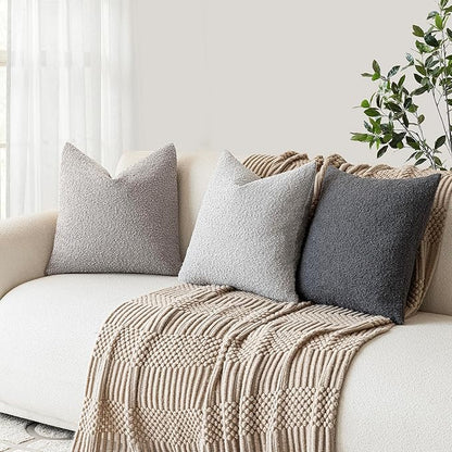 Foindtower Textured Boucle Throw Pillow Covers Accent Solid Pillow Cases Cozy Soft Decorative Couch Cushion Case for Chair Sofa Bedroom Living Room Home Decor, 18 x 18 Inch,Neutral Grey