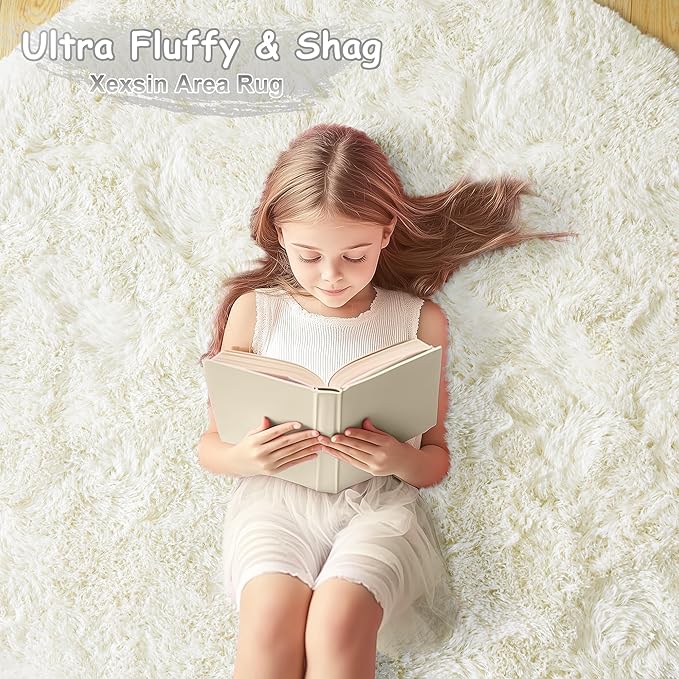 Round Fluffy Rugs 5Ft for Girls Bedroom, Cream White Shag Circle Kids Rug Non-Slip for Bedside Dorm Nursery Playroom, Soft Cute Area Rugs for Living Room Decor