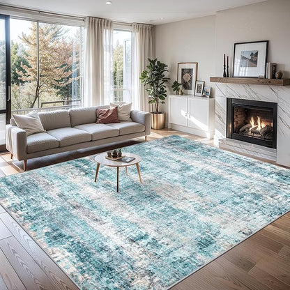 Area Rugs 10x14 Living Room - Washable Rug Modern Abstract Soft Large Neutral Non-Slip Carpet Indoor Floor Thin Carpets for Bedroom Dining Room Farmhouse Nursery Home Office Green