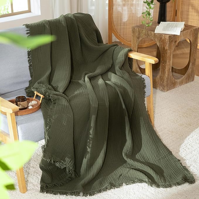 MooMee Muslin Blanket - 100% Cotton 4-Layer Gauze Throw Blanket with All-Around Fringe, Ultra-Soft Breathable Lightweight Cooling Decorative for Bed, Sofa & Couch (Olive Green,Twin XL 66" x 90")