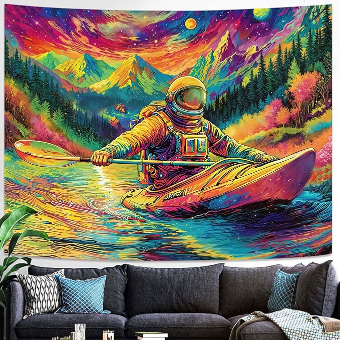 Blacklight Astronaut Tapestry Wall Hanging Space Galaxy Travel Funny Kayaking Tapestries for Bedroom Colorful Aesthetic Cool Wall Art for Guys Gamer Room Dorm Living Room (boating, 48''×36'')