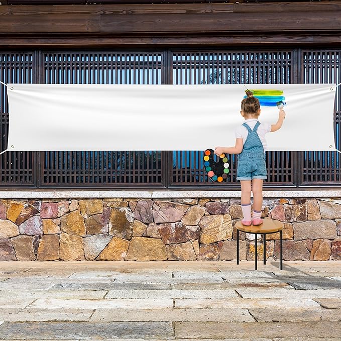 Blank DIY Banners Polyester Oxford Cloth White Banner with Hanging Rope for Wall Signs Writing DIY Painting Indoor Outdoor Office Camping Yard Birthday Party Decorations Supplies 9.8x2ft-BECKTEN
