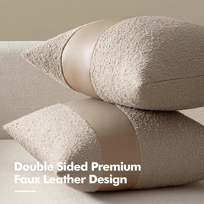 MIULEE Boucle Throw Pillow Covers 18x18 Inch Set of 2 Oatmeal Faux Leather Textured Decorative Pillow Cases Boho Farmhouse Accents Cushion Covers for Couch Bed Livingroom Home Decor