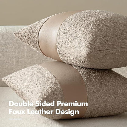 MIULEE Boucle Throw Pillow Covers 18x18 Inch Set of 2 Oatmeal Faux Leather Textured Decorative Pillow Cases Boho Farmhouse Accents Cushion Covers for Couch Bed Livingroom Home Decor