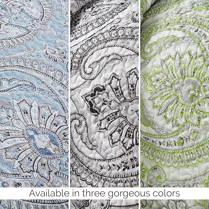 Southshore Fine Living, Inc. Boho King Quilt Set, Lightweight Bedspread, Summer Coverlet, 3-Piece Paisley Bedding Set with Two Matching Quilted Pillow Shams, California/King Quilts, Black