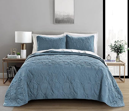 Pure Bedding Quilt Set King/Cal King/California King Size Ash Blue - Oversized Bedspread - Microfiber Coverlet - Includes 1 Quilt and 2 Shams, Ocean Star Pattern
