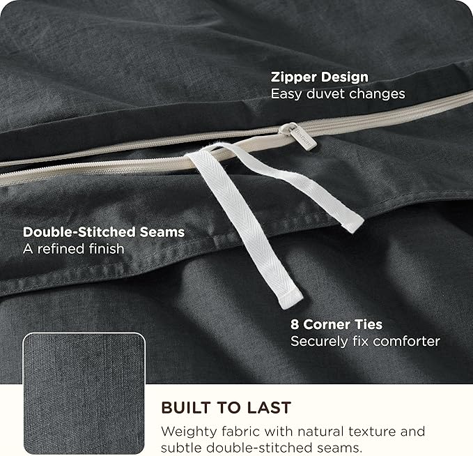 Bedsure Cotton Duvet Cover King - Luxury Slub Weave 100% Cotton Duvet Cover with a Linen Like Textured, Easy Change Durable Bedding, Charcoal, 104" x 90"