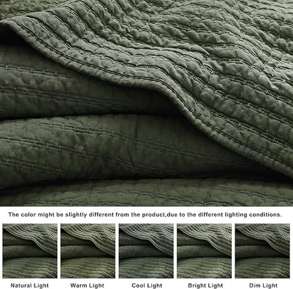 WDCOZY 100% Cotton King Size Quilt Set - Olive Green Striped Pick Stitch Soft Lightweight Bedspread, Textured Like Linen, Farmhouse Country Rustic Coverlet, Shabby Chic Gauze Bedding, 3 Pieces