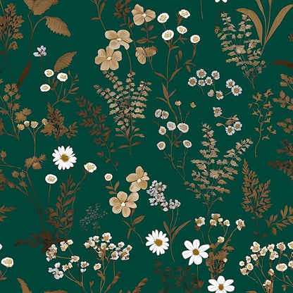 Dark Floral Wallpaper Peel and Stick 17.5in x 118in Vintage Green Gold Leaf Wallpaper Vinyl Waterproof Self-Adhesive Boho Botanical Wall Paper Mural for Cabinet Bookcase Bedroom Decor