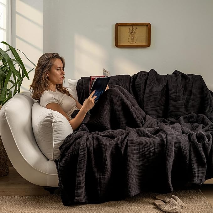 Muslin Blanket - Pure 100% Turkish Cotton Airy Soft Light Versatile Gauze Throw Blanket for Bed, Couch, Sofa (Black, Twin XL Size (71" x 95" inch))