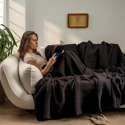 Muslin Blanket - Pure 100% Turkish Cotton Airy Soft Light Versatile Gauze Throw Blanket for Bed, Couch, Sofa (Black, Twin XL Size (71" x 95" inch))