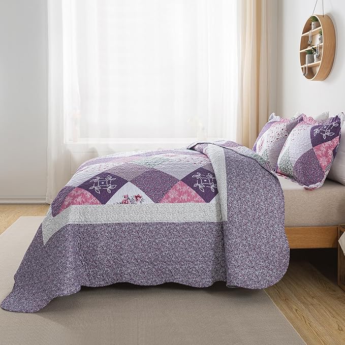 HoneiLife Quilt Sets Twin Size - 100% Microfiber Quilt Set, 2-Piece Lightweight Bedspreads Reversible Coverlets Rustic Bed Cover Twin Quilt Bedding Set All Season Quilts-Purple