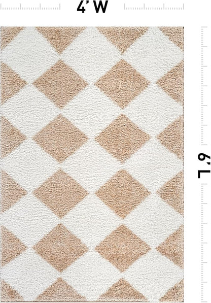 Rugshop Diamond Wave Shag Area Rug Beige 4' x 6' Ideal for Small Living Rooms, Offices, or Beside The Bed
