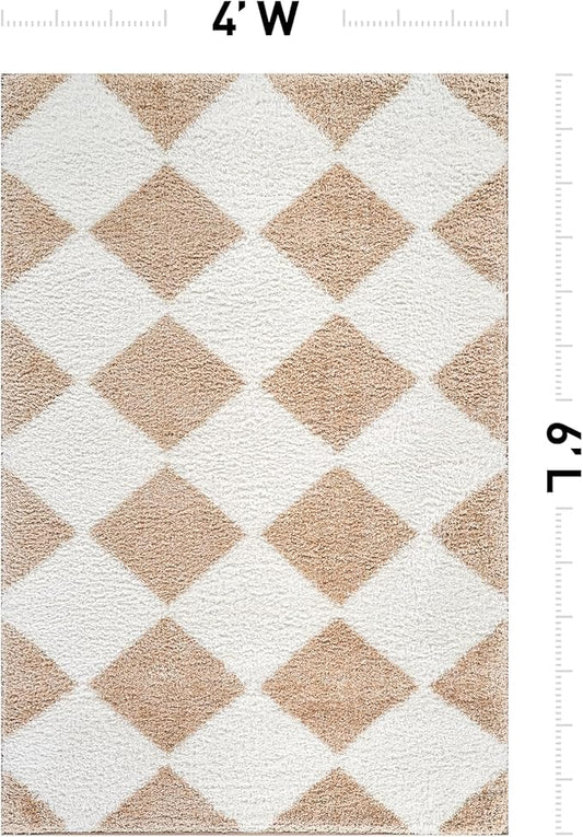 Rugshop Diamond Wave Shag Area Rug Beige 4' x 6' Ideal for Small Living Rooms, Offices, or Beside The Bed