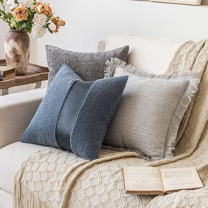 20"x20" Denim Blue Boucle Throw Pillow Covers with Faux Leather Accents Set of 2 Fluffy Textured Decorative Pillow Cases for Couch Bed Boho Farmhouse Square Cushion Covers for Nordic Home