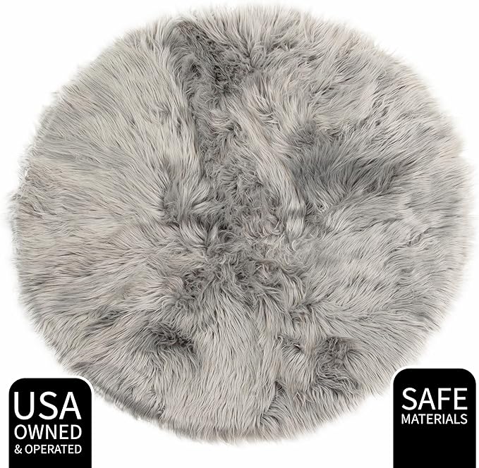 3 ft Round Fluffy Gray Rug – Plush Faux Fur Rug for Bedroom, Living Room, or Nursery – Cozy Faux Sheepskin Home Decor