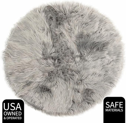 3 ft Round Fluffy Gray Rug – Plush Faux Fur Rug for Bedroom, Living Room, or Nursery – Cozy Faux Sheepskin Home Decor