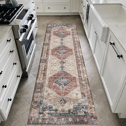 vivorug Runner Rug 2x10 Machine Washable Rug with Non-Slip Backing, Ideal for Kitchen Hallway Entryway Laundry Room - Vintage, Durable, Easy Clean, Low Pile Carpet Runner, Brown