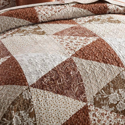 HoneiLife Queen Size 3 Piece Microfiber Quilt Set - Brown Triangle Pattern, 90x96 Inch