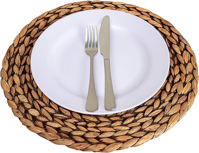 CENBOSS Woven Placemats (13.5" Set of 4, Brown Wash) Round Placemat, Wicker Place mats, Rattan Place mat, Plate Chargers