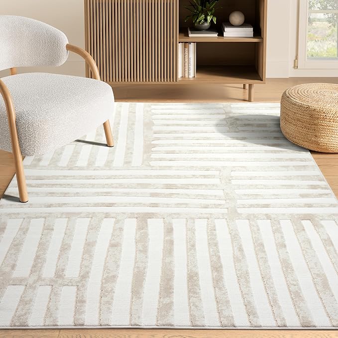 Abani Beige Area Rug - 5' x 8' - Living Room & Bedroom - Abstract Stripe Design - Indoor Use - Easy to Clean, Stain Resistant, Non-Shedding - Neutral Collection